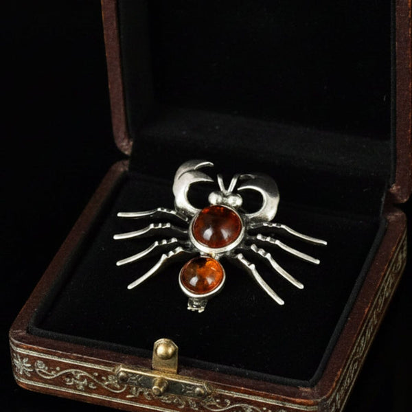 Vintage Amber Cabochon Sterling Silver Crab Zodiac Brooch
