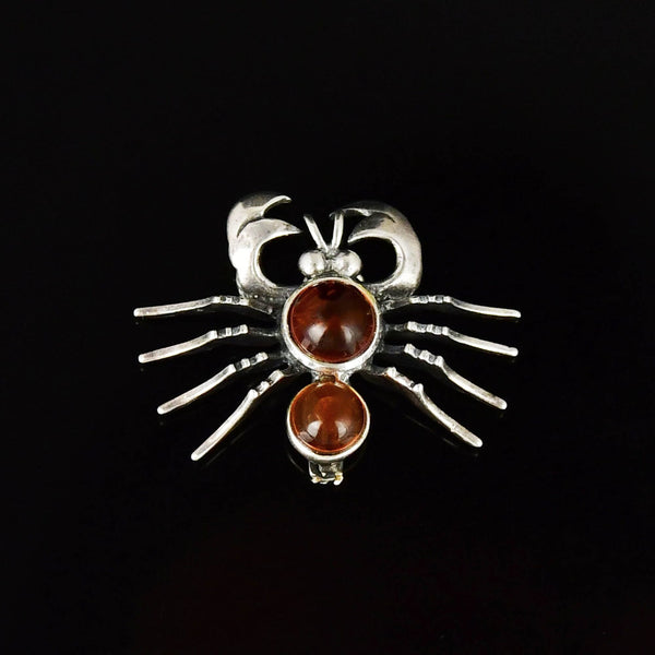 Vintage Amber Cabochon Sterling Silver Crab Zodiac Brooch