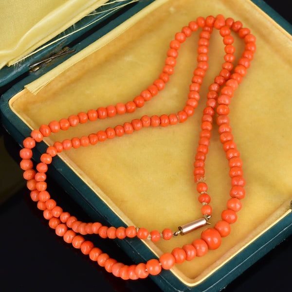 Antique Salmon Coral Bead Necklace 9K Gold Clasp