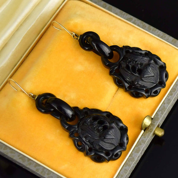 Victorian 9K Gold Carved Whitby Jet Earrings, Lily of the Valley