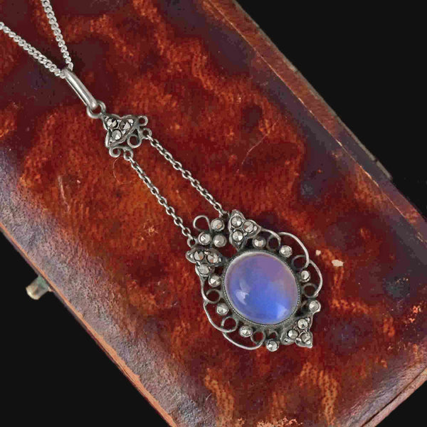 Silver Art Deco Marcasite Moonstone Cabochon Pendant Necklace - Boylerpf