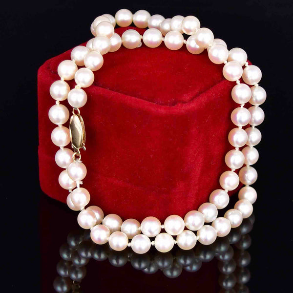Vintage 14K Gold Hand Knotted 6mm White Pearl Necklace - Boylerpf