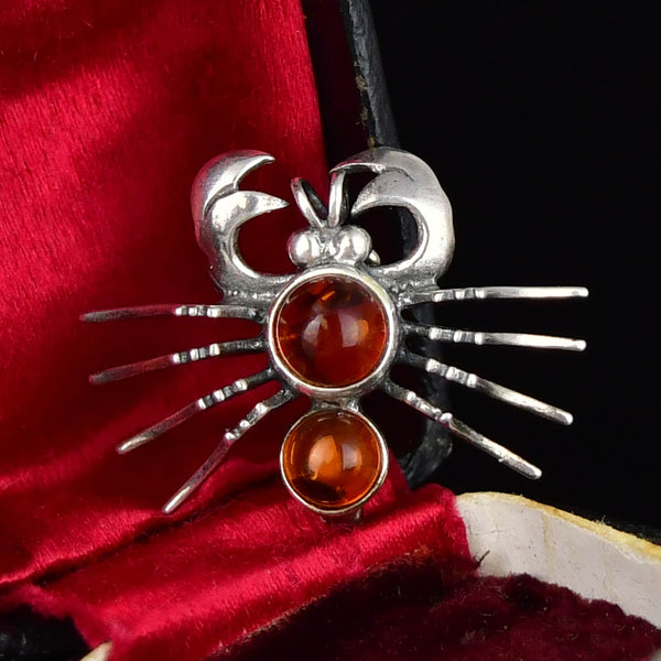 Vintage Amber Cabochon Sterling Silver Crab Zodiac Brooch