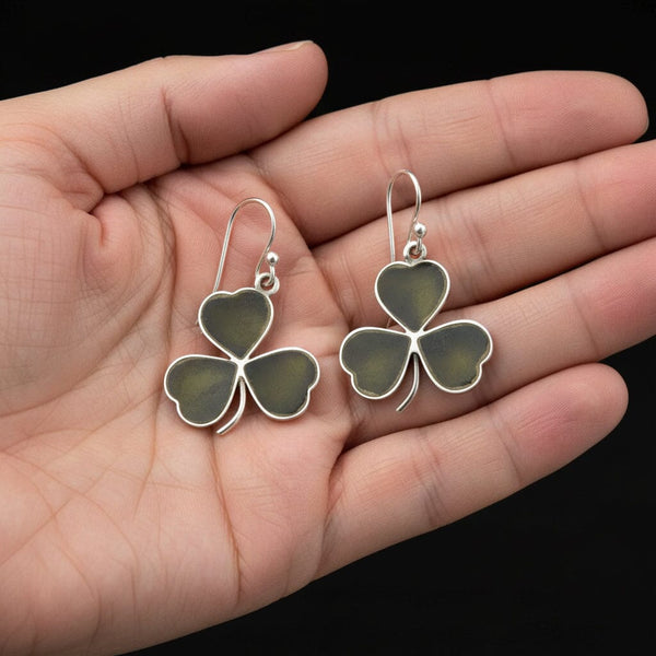 Antique Silver Three Leaf Shamrock Connemara Marble Earrings