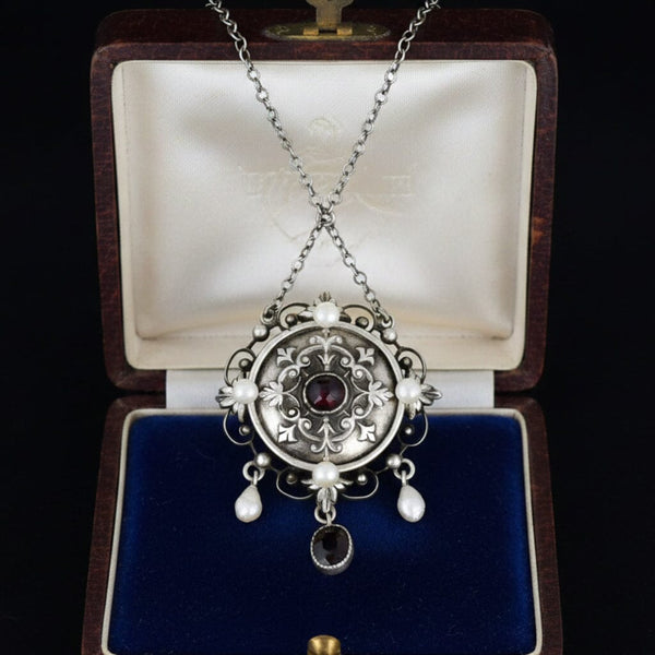 Antique Arts & Crafts Garnet Pearl Sterling Silver Necklace - Boylerpf
