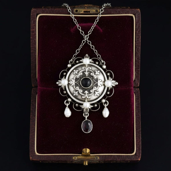 Antique Arts & Crafts Garnet Pearl Sterling Silver Necklace - Boylerpf