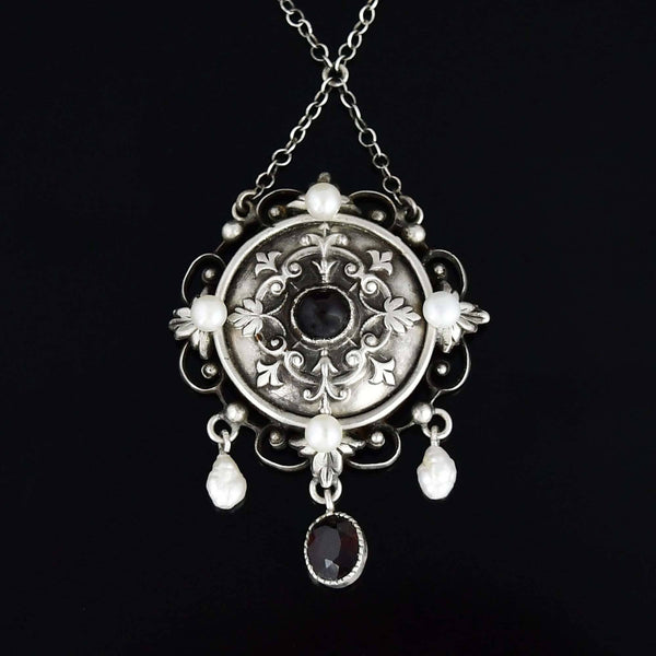 Antique Arts & Crafts Garnet Pearl Sterling Silver Necklace - Boylerpf
