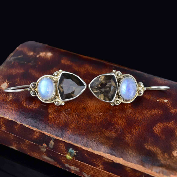 Silver Moonstone Cabochon Smoky Quartz Drop Earrings - Boylerpf