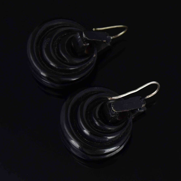 Antique Victorian Carved Circular Whitby Jet Drop Earrings - Boylerpf