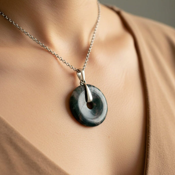 Vintage Silver Large Donut Moss Agate Pendant