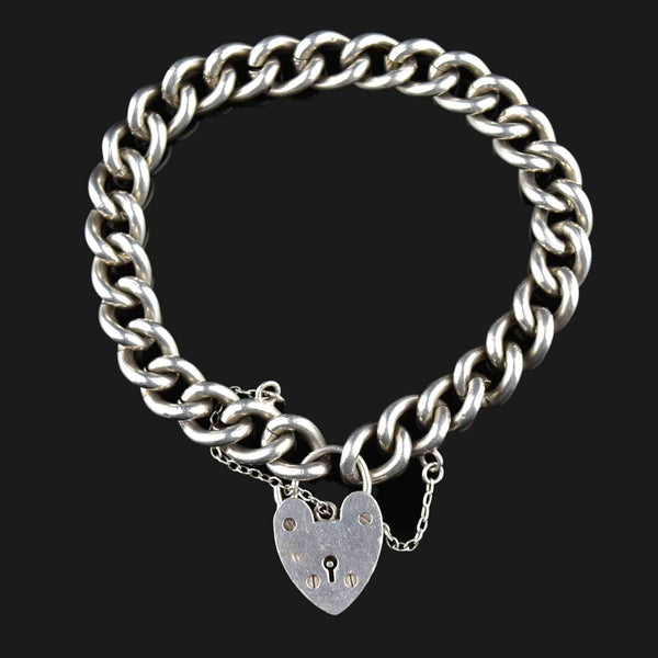 Antique Silver Heart Padlock Curb Chain Bracelet - Boylerpf