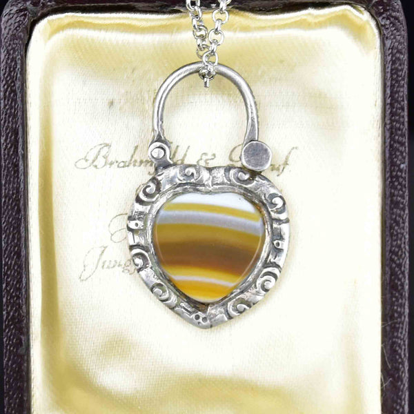 Vintage Engraved Silver Scottish Agate Heart Padlock Necklace - Boylerpf