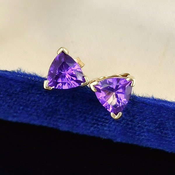 Vintage Trillion Cut Amethyst Gold Stud Earrings