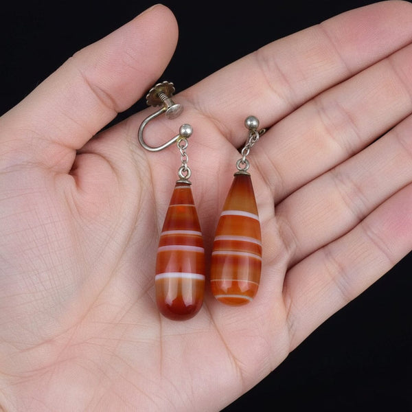 Antique Carnelian Banded Agate Silver Drop Earrings