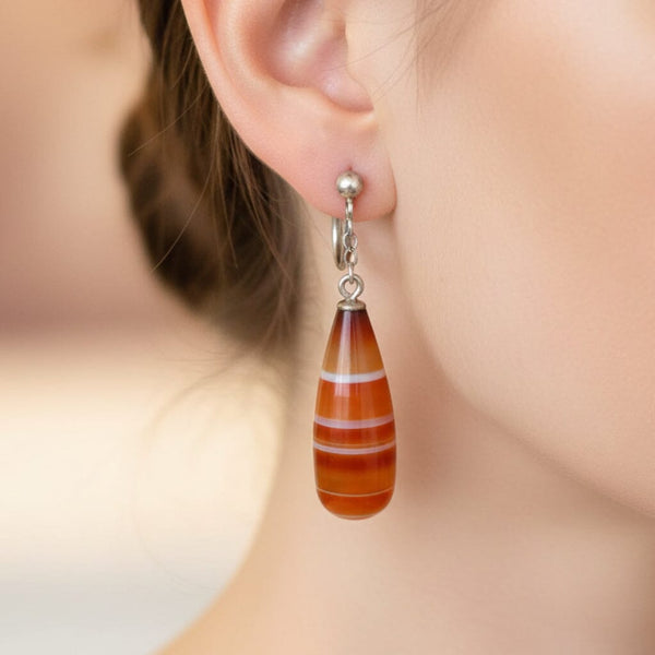 Antique Carnelian Banded Agate Silver Drop Earrings