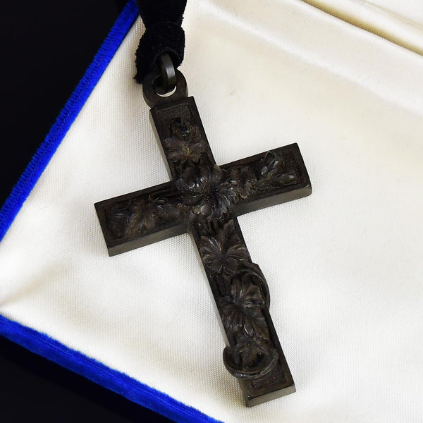 Large Antique Victorian Vulcanite Floral Cross Pendant