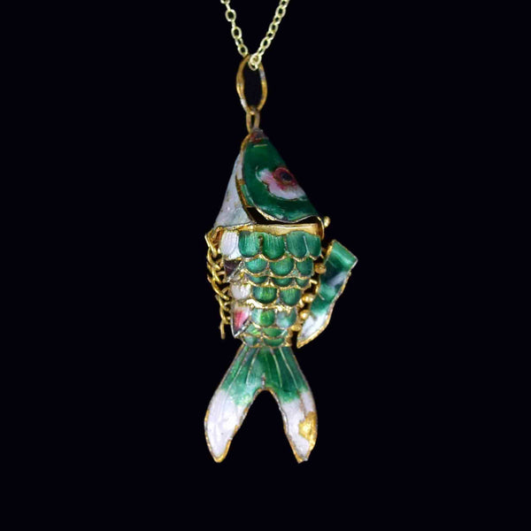 Vintage Articulated Green Enamel Koi Fish Pendant Necklace - Boylerpf