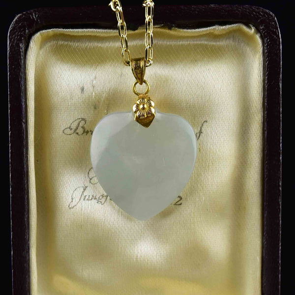 14K Gold Floral Carved Jade Heart Pendant Necklace - Boylerpf
