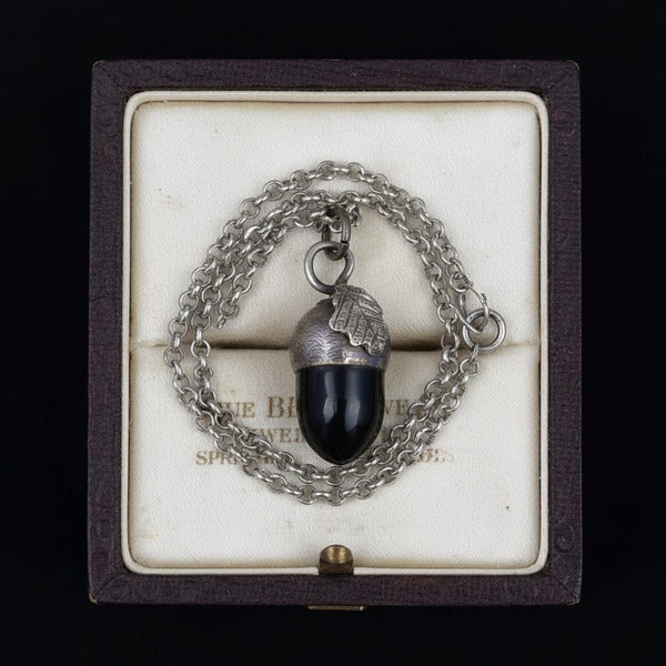 Sterling Silver Arts & Crafts Whitby Jet Acorn Necklace