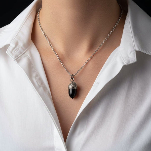 Sterling Silver Arts & Crafts Whitby Jet Acorn Necklace