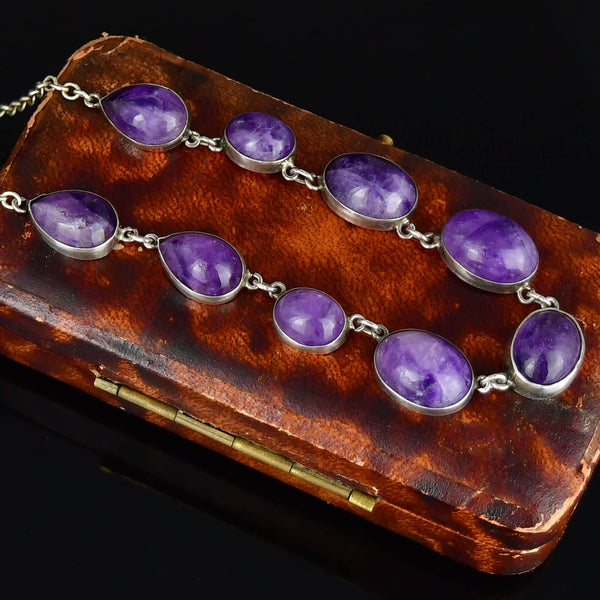 Vintage Sterling Silver Amethyst Cabochon Necklace - Boylerpf