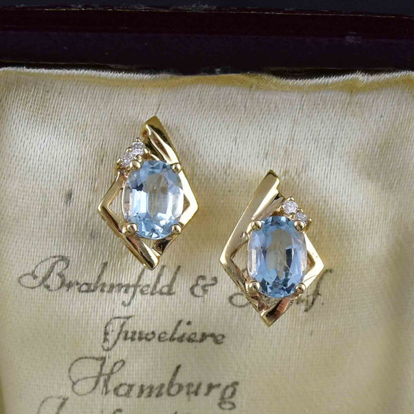 Vintage 14K Gold Aquamarine Diamond Stud Earrings - Boylerpf