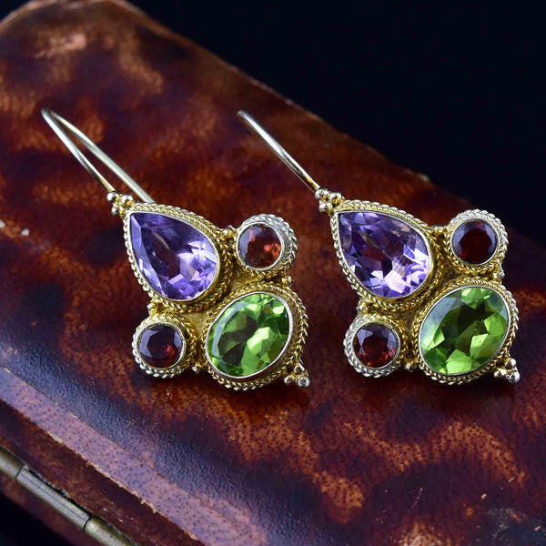 Vintage Garnet Amethyst Peridot Drop Earrings - Boylerpf