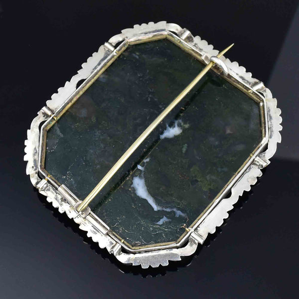 Antique Large Silver Picture Moss Agate Brooch - Boylerpf