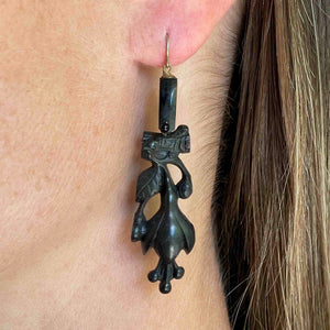 Antique Victorian Snowdrop Flower Whitby Jet Earrings - Boylerpf