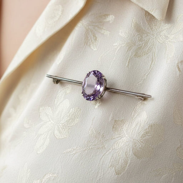 Art Deco Amethyst 935 Silver Bar Brooch