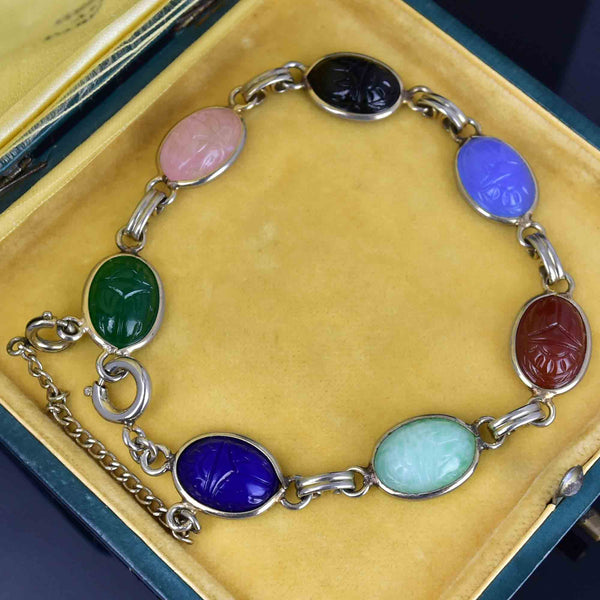 Vintage Multi Gemstone Egyptian Beetle Bug Scarab Bracelet - Boylerpf