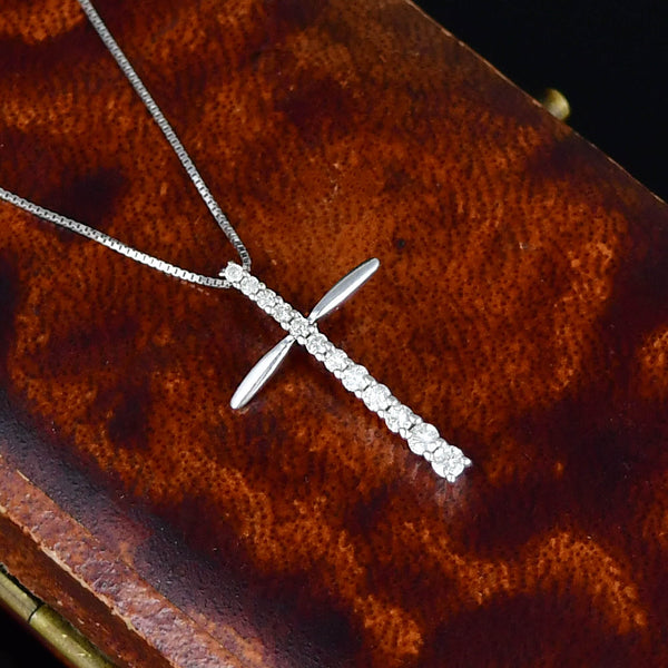 Vintage 9K White Gold Diamond Cross Necklace - Boylerpf