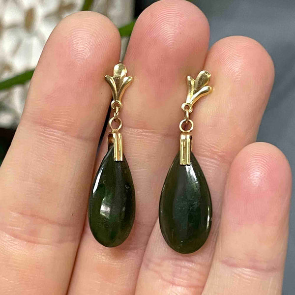 14K Gold Fluer de Lis Jade Teardrop Earrings - Boylerpf