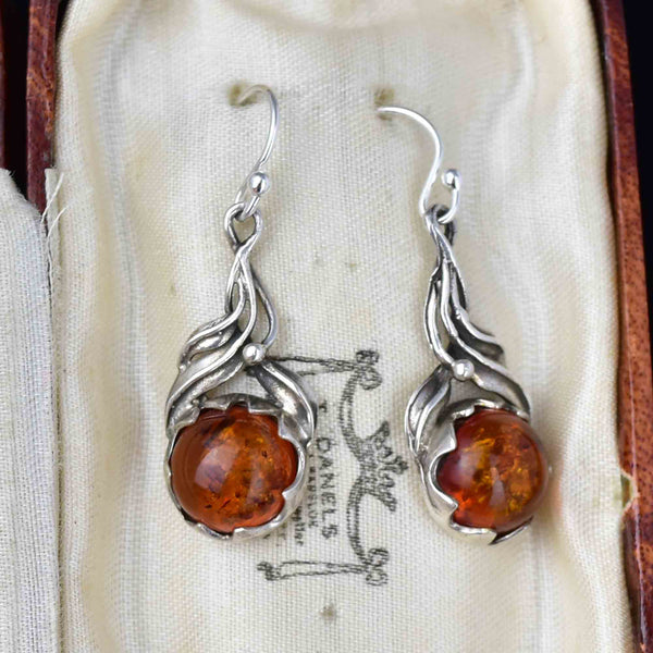 Arts and Crafts Style Silver Natural Baltic Amber Drop Earrings - Boylerpf