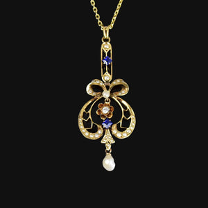 Antique Art Nouveau 14K Gold Diamond Sapphire Bow Lavaliere Necklace - Boylerpf