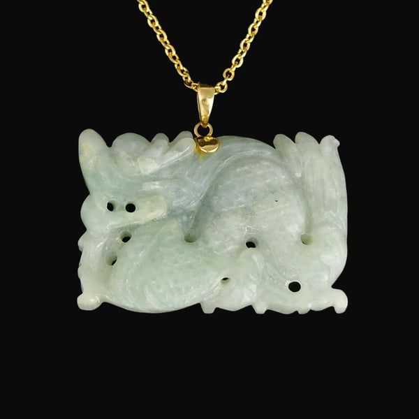 14K Gold Large Carved Jadeite Dragon Pendant Necklace