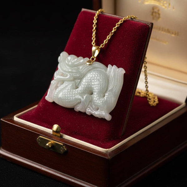 14K Gold Large Carved Jadeite Dragon Pendant Necklace - Boylerpf