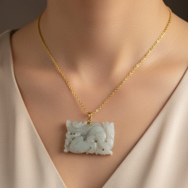 14K Gold Large Carved Jadeite Dragon Pendant Necklace - Boylerpf