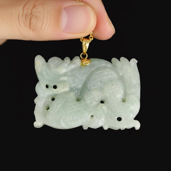 14K Gold Large Carved Jadeite Dragon Pendant Necklace - Boylerpf