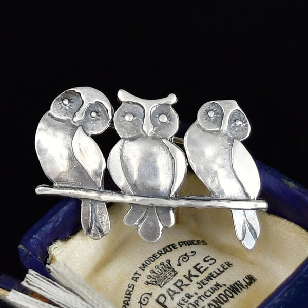 Vintage Three Wise Owls Sterling Silver Brooch