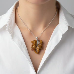 Vintage Tiger’s Eye Maple Leaf Pendant Necklace Sterling Silver - Boylerpf