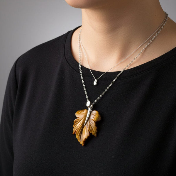Vintage Tiger’s Eye Maple Leaf Pendant Necklace Sterling Silver - Boylerpf