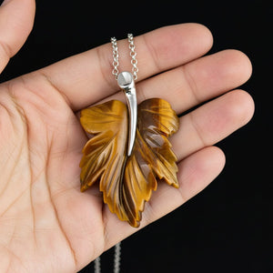 Vintage Tiger’s Eye Maple Leaf Pendant Necklace Sterling Silver - Boylerpf