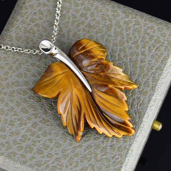 Vintage Tiger’s Eye Maple Leaf Pendant Necklace Sterling Silver - Boylerpf