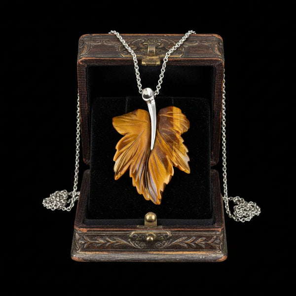 Vintage Tiger’s Eye Maple Leaf Pendant Necklace Sterling Silver - Boylerpf