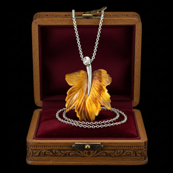 Vintage Tiger’s Eye Maple Leaf Pendant Necklace Sterling Silver - Boylerpf