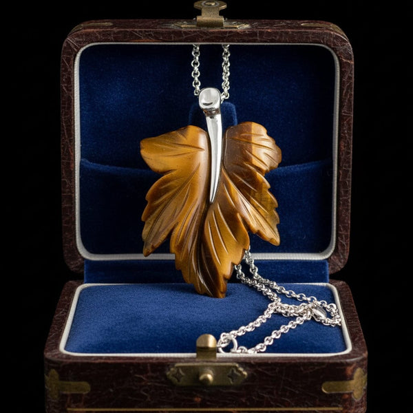 Vintage Tiger’s Eye Maple Leaf Pendant Necklace Sterling Silver - Boylerpf