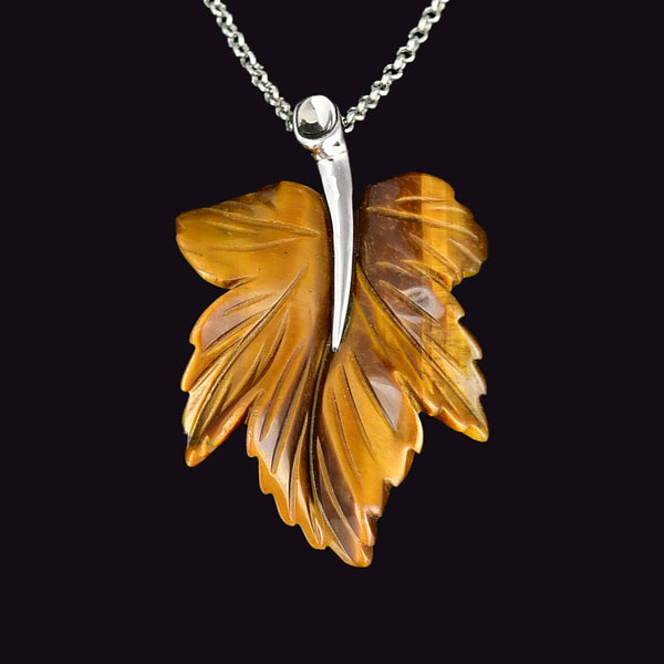 Vintage Tiger’s Eye Maple Leaf Pendant Necklace Sterling Silver - Boylerpf