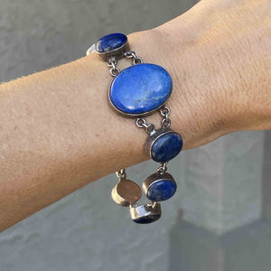 Vintage Silver Lapis Lazuli Link Chain Bracelet - Boylerpf