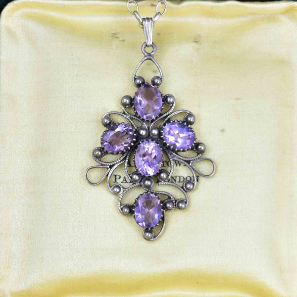 Vintage Sterling Silver Amethyst Scroll Pendant Necklace - Boylerpf